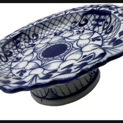 Chinese Blue and White Porcelain Footed Compote Small Plate Collectible