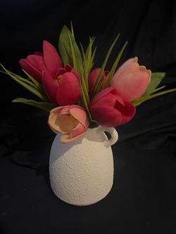 White Textured Vase with Faux Tulip Arrangement