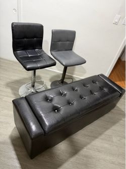 Black Faux Leather Storage Bench + 2 Adjustable Bar Stools – $140 OBO