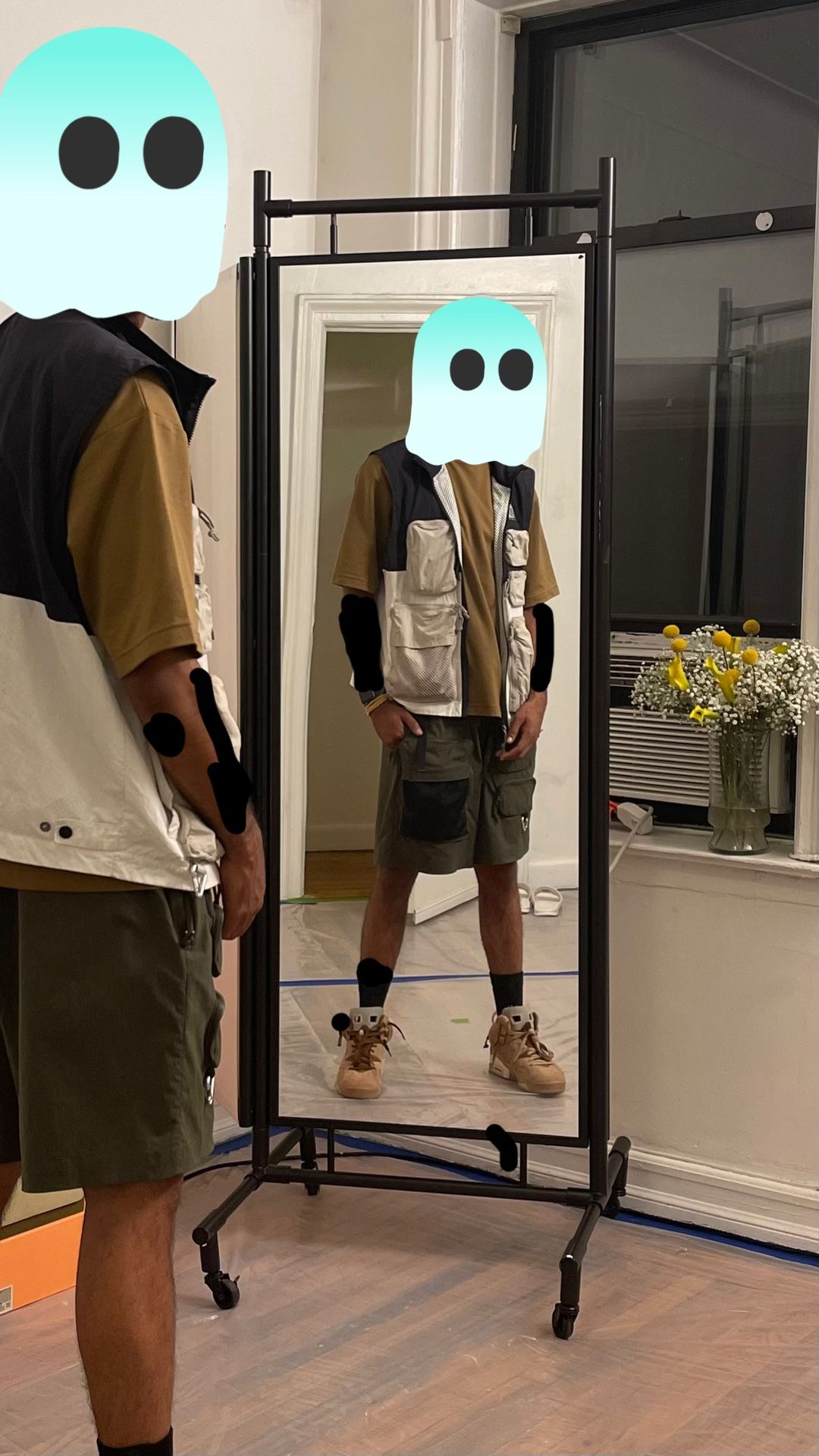 FOR SALE: Full-Body Mirror with Cast Iron Frame, Privacy Screen, and Wheels – Perfect for Professional Fittings - $250