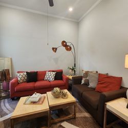 Living Room Furniture Set for Sale  Full set in excellent condition – perfect for a cozy and modern living space!  Includes:  1 orange 3-seater sofa (