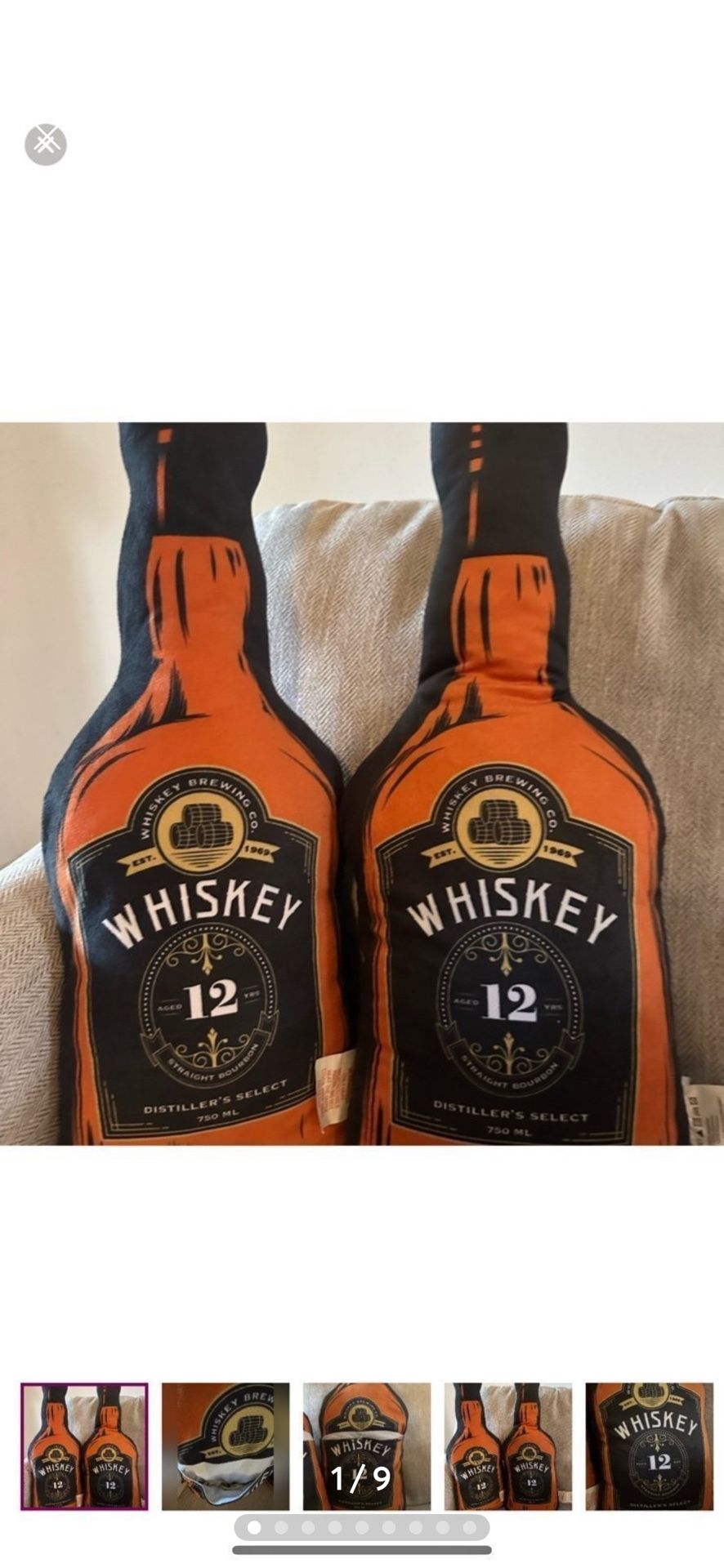 2 Whiskey Shaped Throw Pillows