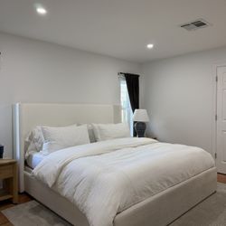 Ivory Upholstered King Bed And Mattress