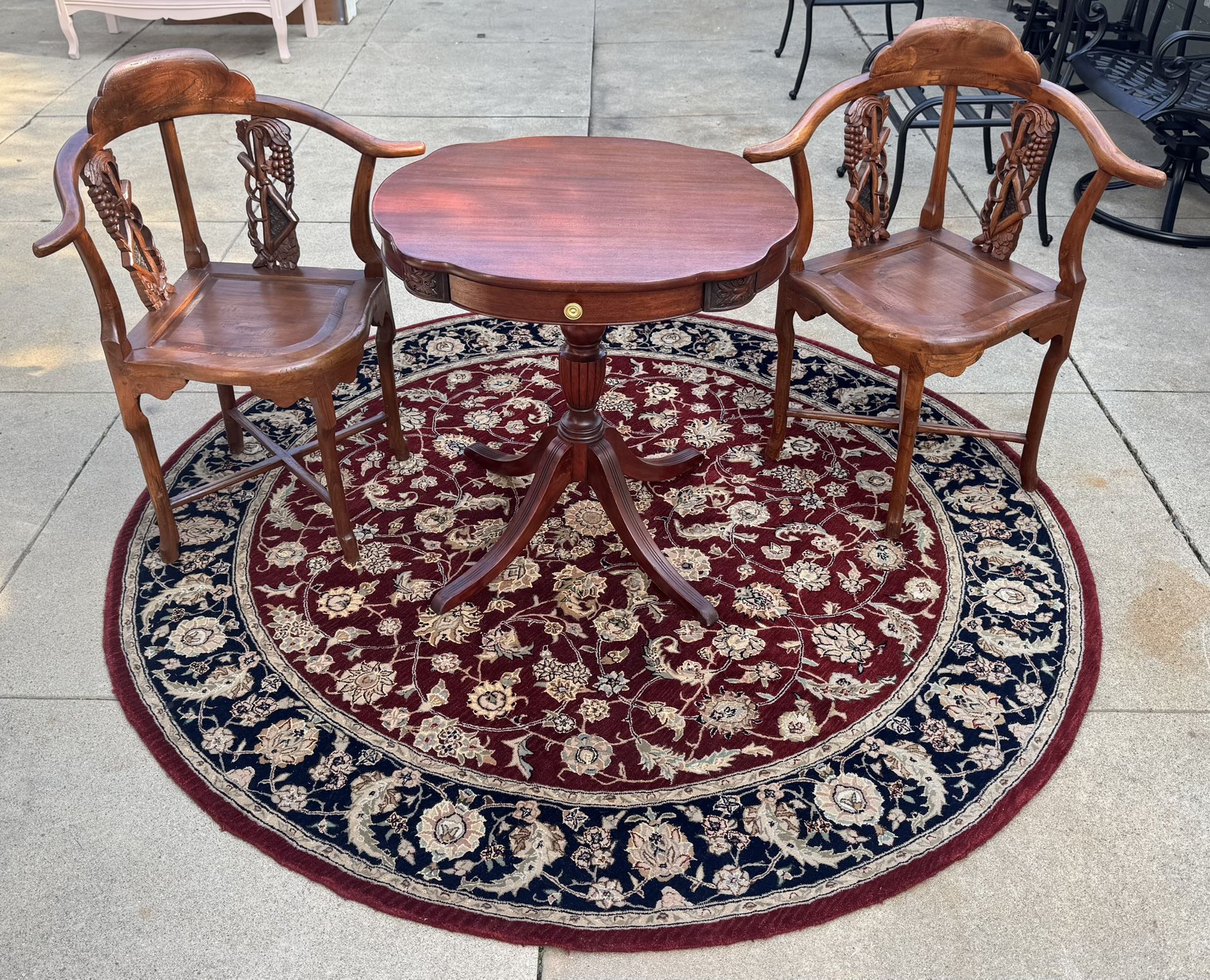 Vintage Mahogany Pedestal Drum Table & Ornate Corner Chairs
