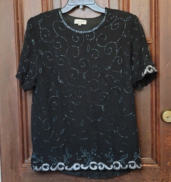 Vintage JANIQUE Elegant Beaded Black With Sequin Blouse. Size Medium