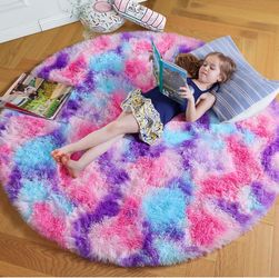 Amdrebio Hot Pink Rainbow Round Circle Area Rug 5Ft for Girls Bedroom, Fluffy Cute Fuzzy Colorful Pastel Kids Rugs for Playroom Classroom, Unicorn Sha
