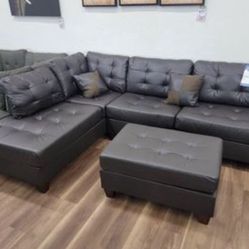 New Brown Faux Leather Sectional And Ottoman Sofa Couch 