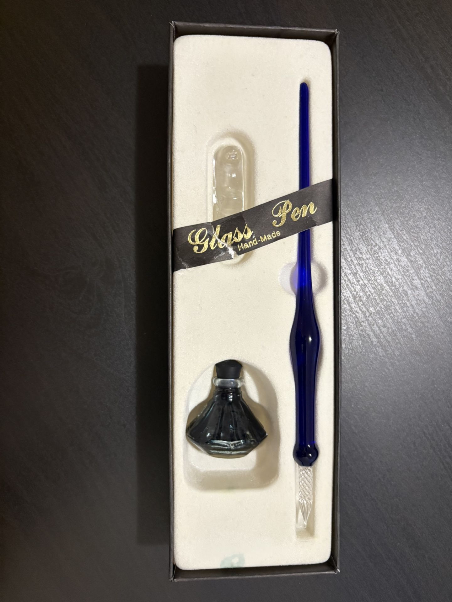 Hand blown English glass pen with ink bottle and double stand