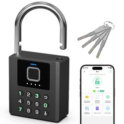Heavy Duty Smart Padlock with Key, Fingerprint Lock with Code Bluetooth Control, Waterproof Biometric Electronic Digital Keypad Gate Lock for Outdoor 