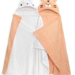 NEW! Toddler Bath Towels w/ Animal Hoods, 2 Pack Large Size 50x32, White Rabbit & Orange Tiger