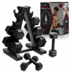 
Cap Barbell 100 Lb cast iron hex 
Dumbbell weight set with Rack, black