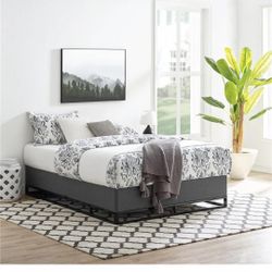 Venice Black Metal Platform Bed Frame with Built-in Grey Upholstered Mattress Foundation, King