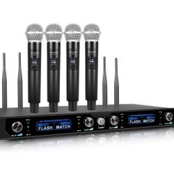 G-MARK Wireless Microphone System, 4 Channel Wireless Microphones with Rechargeable Handheld Mics, 250FT Range, UHF Metal Cordless Dynamic Mics Sets f