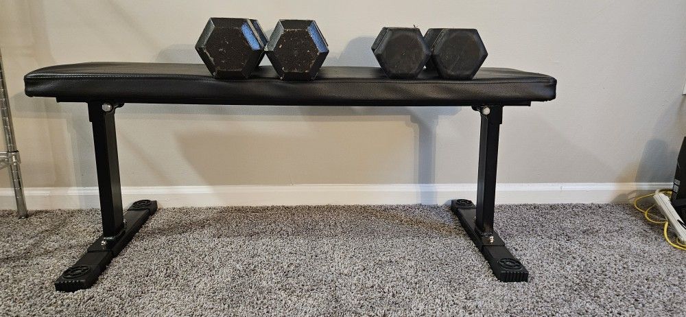 Workout Bench + 20lbs And 35lbs Steel Barbell Weights 