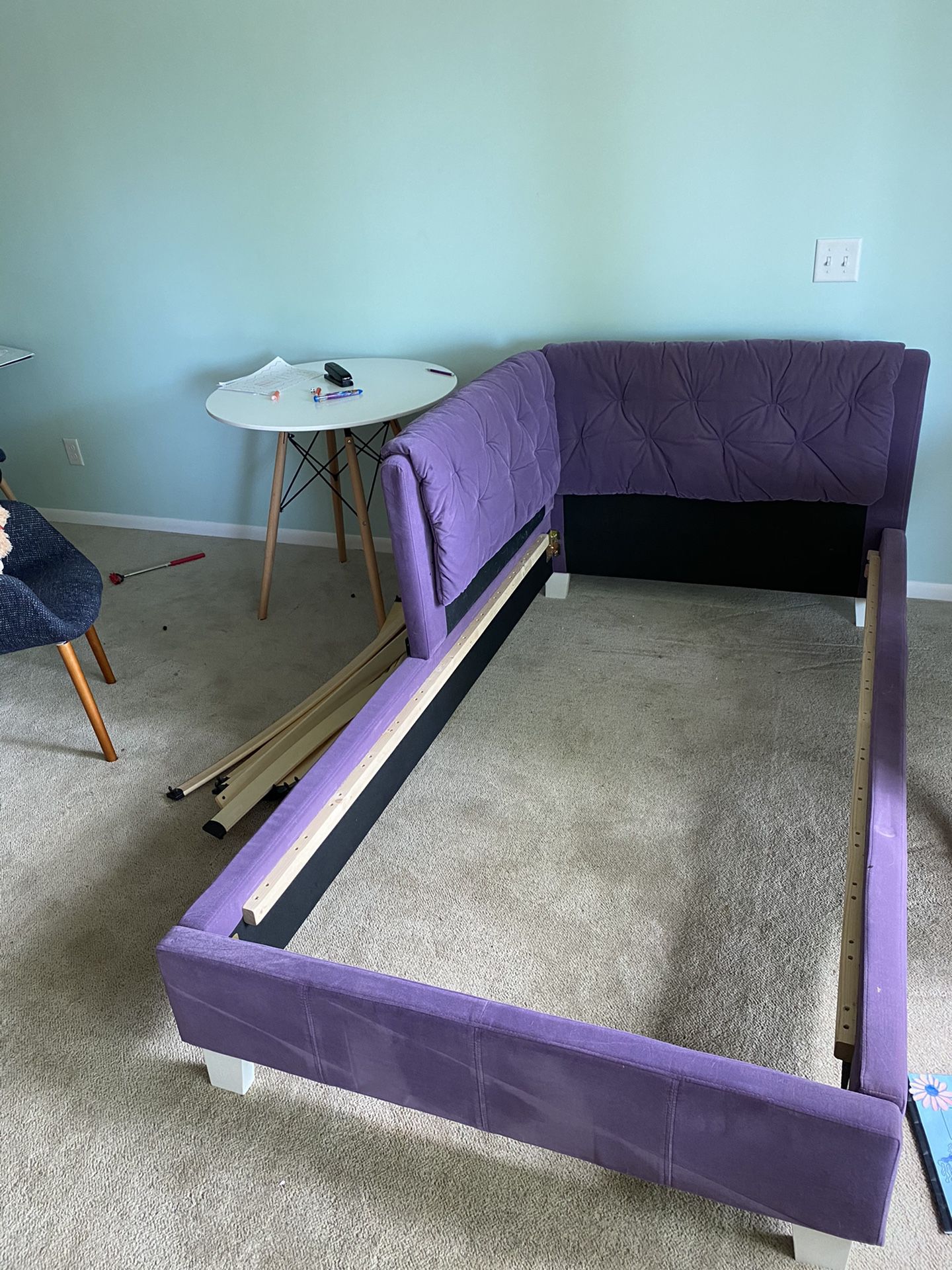Child’s twin bed, purple velvet