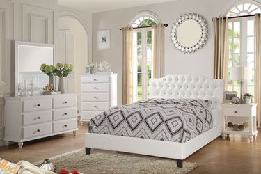 Brand new white leather queen bedframe + dresser + mirror + nightstand 4PCs set