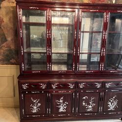 Dark Cherry Rosewood Oriental China Cabinet With Flower And Bird Mother Of Pearl Inlay