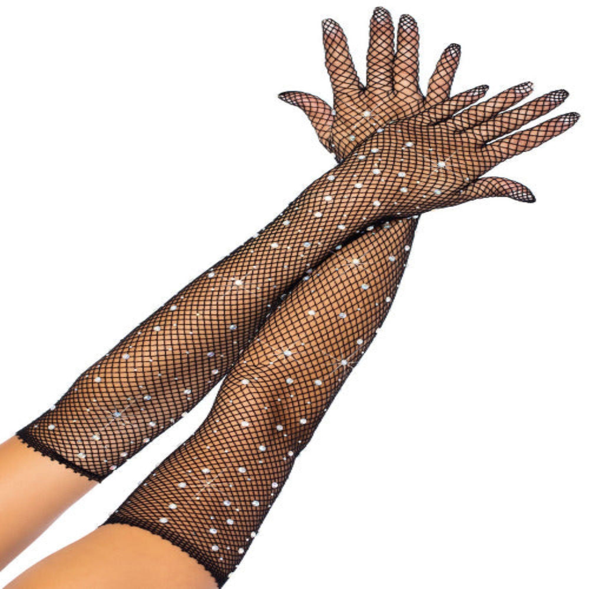 Rhinestone Fishnet Arm Warmers Gloves