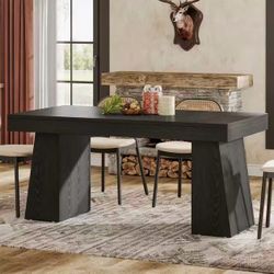 JW1081 Farmhouse Black Wood 55.1 in. Pedestal Kitchen Dining Table Seats-4