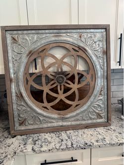 Farmhouse ornate galvanized metal and wood wall art piece
