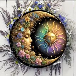 Sun & Moon Wall Plaque – Floral Celestial Round Hanging Metal Sign