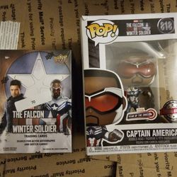 The Falcon Winter Soldier. Captain America Funko Pop and hobby box of Upperdeck 