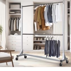 Commercial Grade Z-Base Double Rod Garment Rack, 600lb Load, 63 inch, Silver