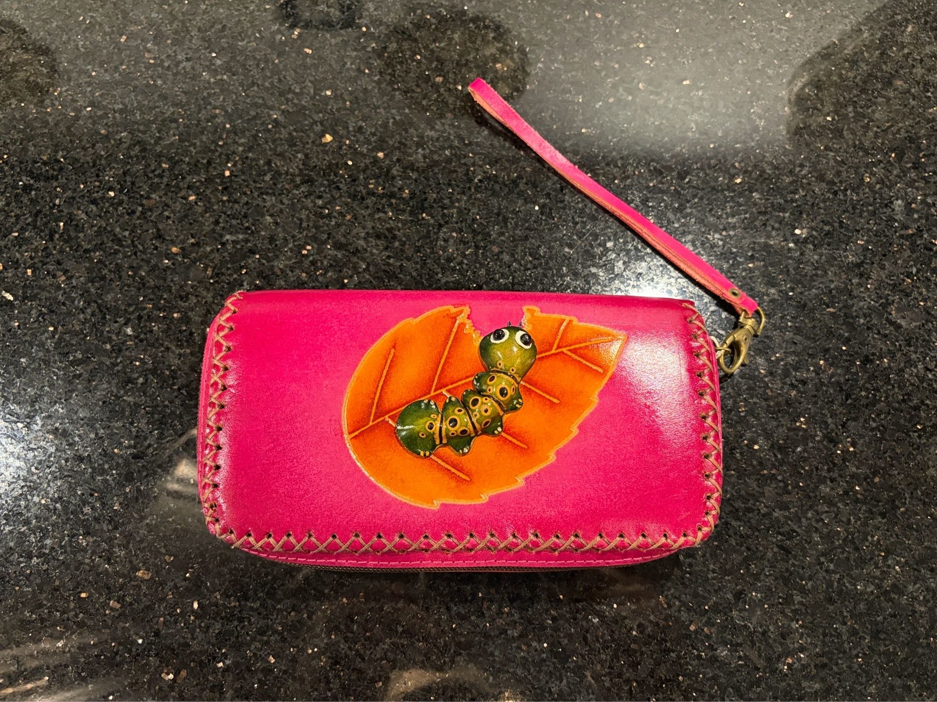 Handmade Leather Caterpillar on Leaf Purse Wallet