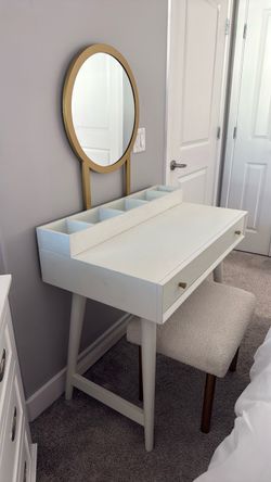 White Vanity Desk with Gold Oval Mirror