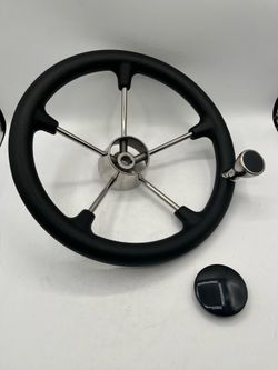 14" Boat Steering Wheel, Stainless Steel, Black Foam Grip, 5 Spoke with Turning Knob