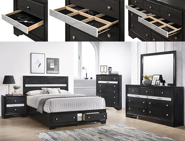 SALE!! NEW BLACK BLING Storage Drawers Bedroom Set KING QUEEN $10 DOWN