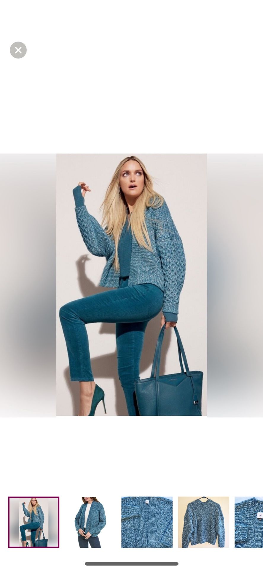 Cabi Astral Chunky knit boho boxy open front cardigan sweater blue turquoise