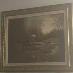 Large Framed Vintage Landscape Art - Classical Garden & Gazebo
