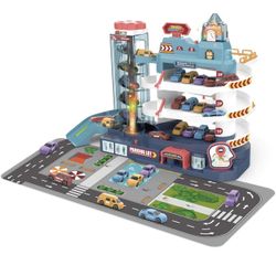 Race Car Tracks for Boys and Kids, 4-Level Toy Car Garage Parking Lot with Elevator Ramp and 4 Mini Cars Vehicle Playset Indoor Games With 20 Cars 