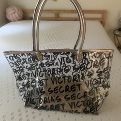 Gold Victoria Secret Tote/Beach Bag with Pouch for Sale in