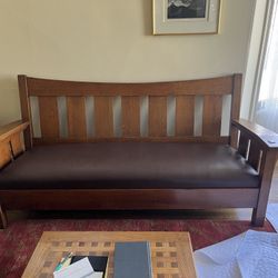 L.and J.G. Stickley Mission Oak/ Brown Leather Curve Settle Sofa Rare -Signed  Style from 1913
