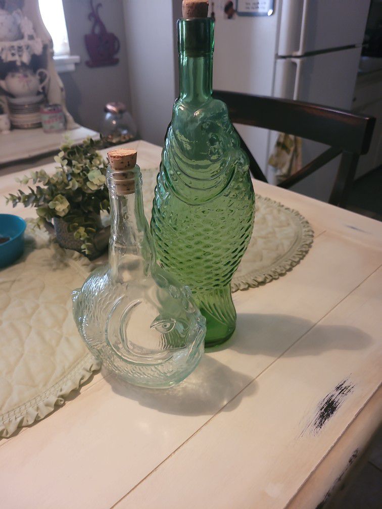 1960-70 Antinori Italian "Cevin" Fish Decanter, Bottle Tall Green Glass Decanter, Barware, Made in Italy, Mid Century Decorative Bottle

