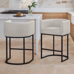 Counter Height Bar Stools Set of 2, Modern Barrel Counter Stools with Backrest and Arms, Black Metal Frames, Linen Fabric Upholstered Accent Barstools