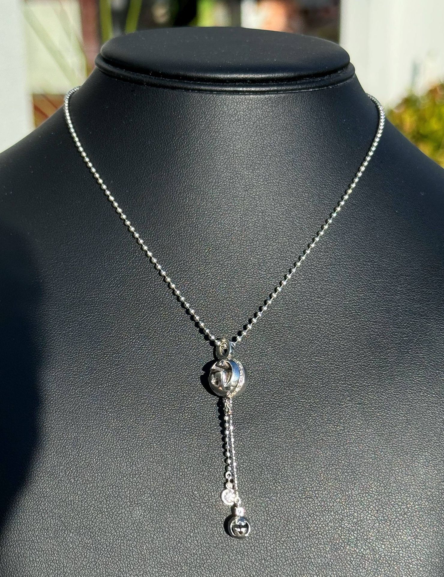 Gucci 18k white solid gold ball necklace chain w GG ball natural diamond 0.25CTW pendant 16β 1.50β 14.00g