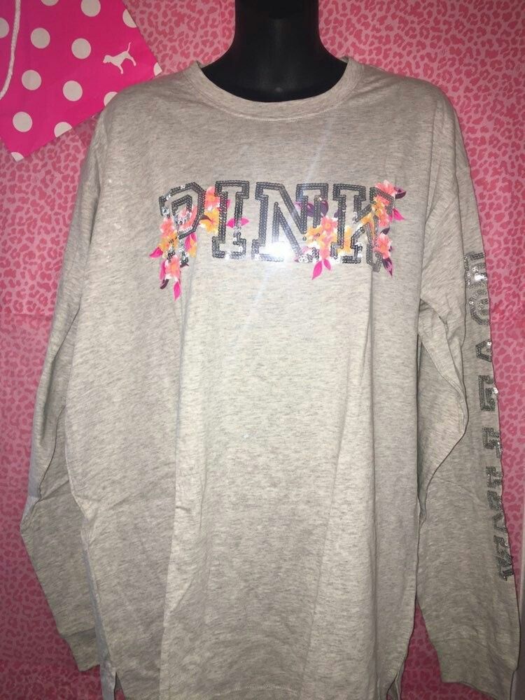 New Victoria's Secret pink bling love pink floral gray long sleeve tee size large fits xlarge