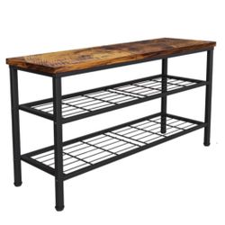 3-TIER METAL SHOE RACK WITH WOOD TOP, SHOE ORGANIZER FOR CLOSET, STACKABLE SHOE STORAGE