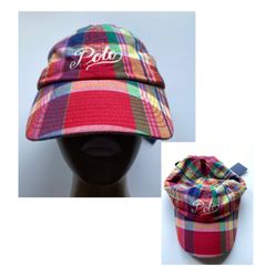 POLO RALPH LAUREN Men's Madras Plaid Baseball Cap Hat Cursive Logo LEATHER STRAP