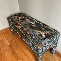 70’s Vintage Style Bench With Country Scene Textile And Storage