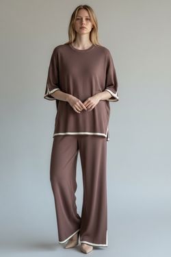 NWT AD Ultra-chic 2-Piece Knit Top and Wide-Leg Pant Set. Chocolate XL