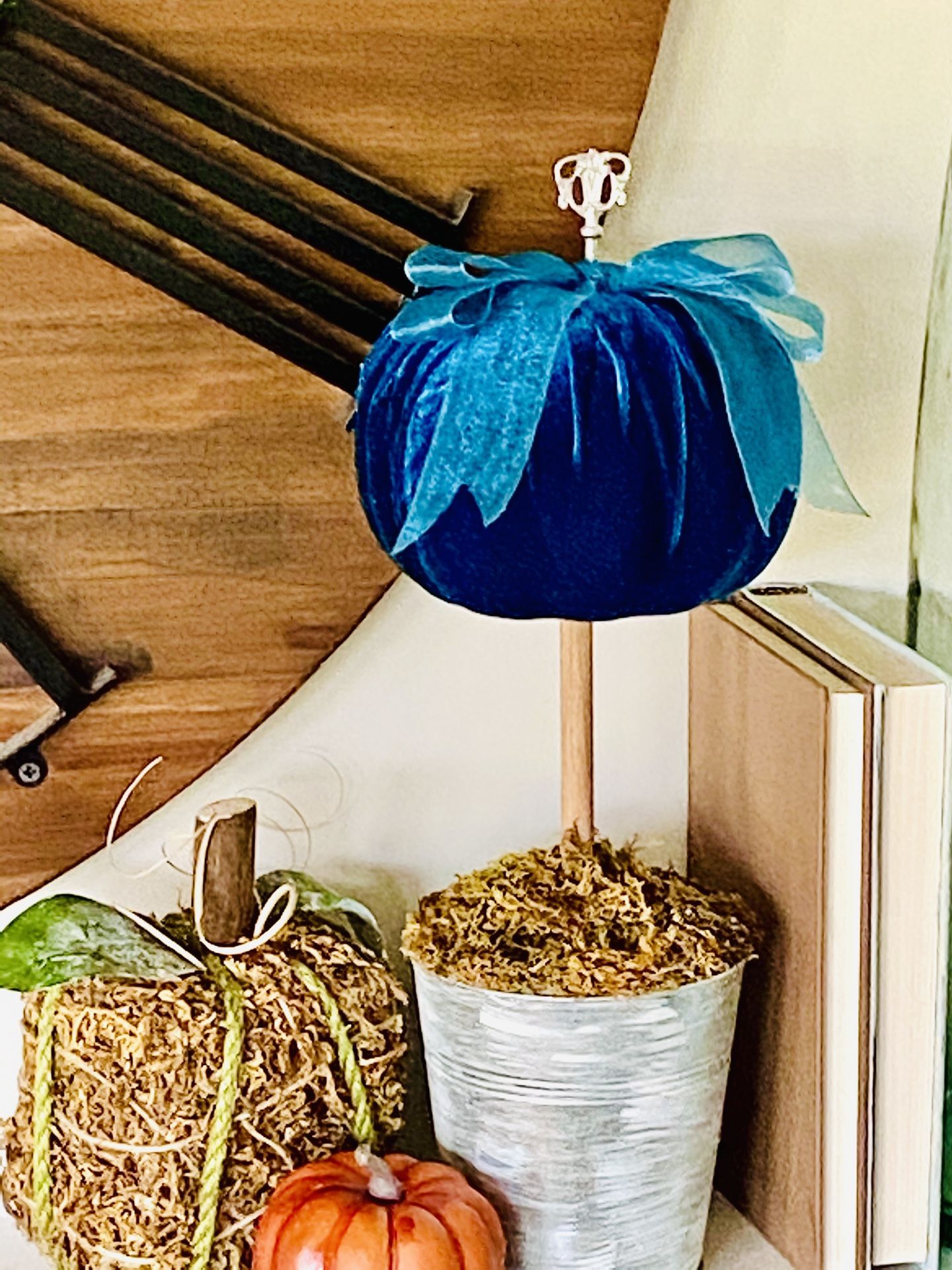 Peacock blue pumpkin topiary tree