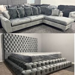 💥Deal! 🩶 Brand new luxury queen size step bed + grey L shape sectional sofa w/ Pillow's • Pay after delivery 🚚