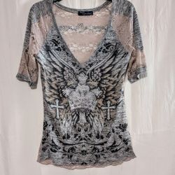 Top Angels & Diamonds Rhinestones Gray Beige Graphic Lace Top Size XL 