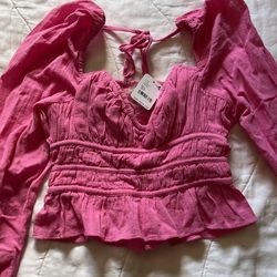 Free People Bohemian Pink Linen Long Sleeve Plunging Neck Line 