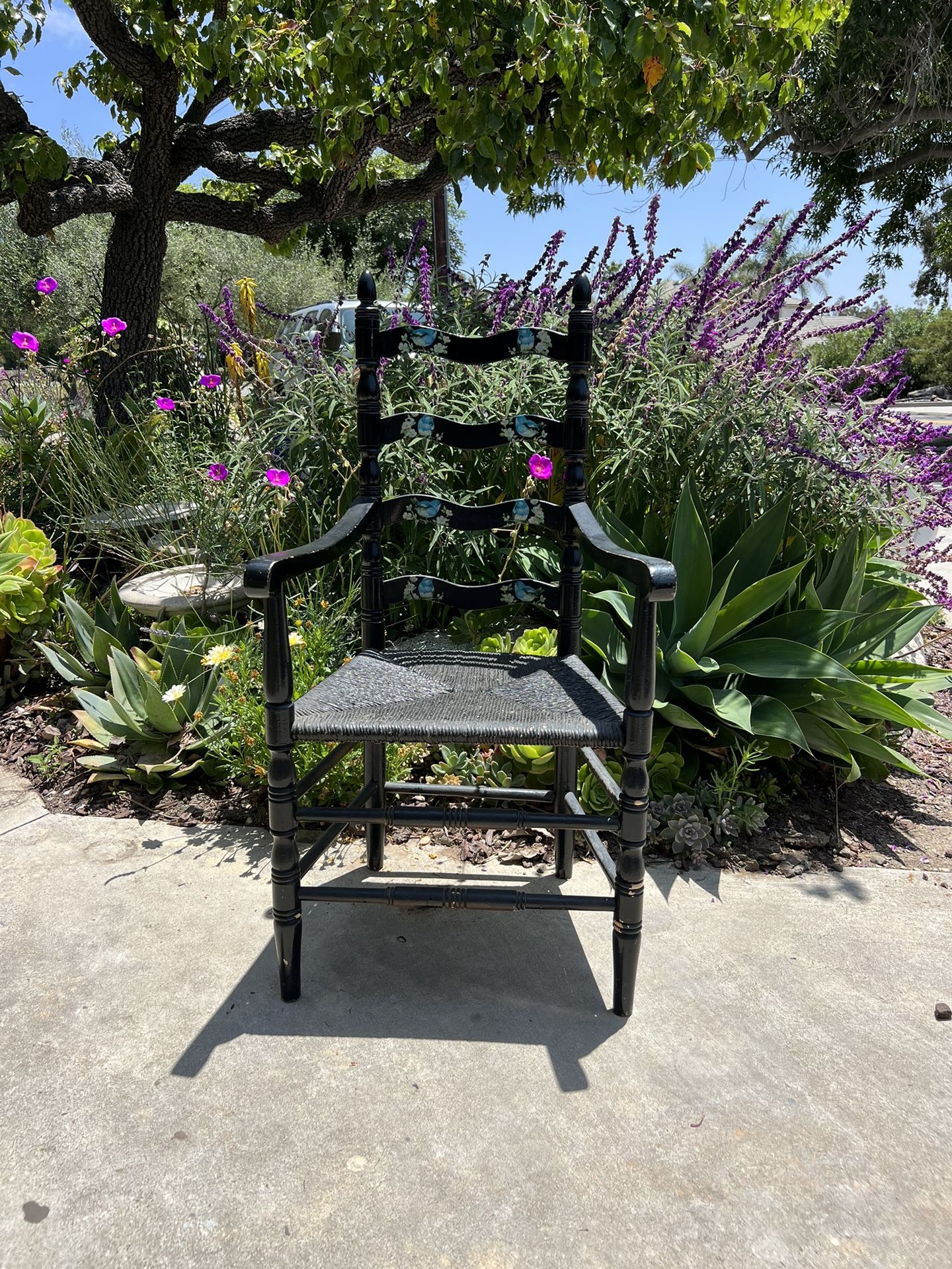 Hand Painted Distressed Blue Bird Floral Black Woven Straw Hand Painted Chair Ladder Back Boho Vtg