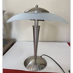 Art Deco Desk Table Lamp w Satin Nickel Base & Glass Shade. Works Perfectly Thumbnail